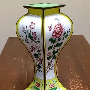 Antique 1920s Canton Enamel Vase Rich Green Interior 9.5" tall